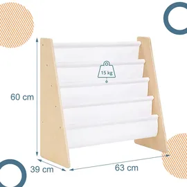 Relaxdays Kinderbücherregal 4 Stofftaschen 63 x 39 x 60 cm Kiefer massiv weiß