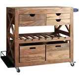 Livetastic Barwagen, Braun, Holz, Sheesham, massiv, 5 Schubladen, rechteckig, 43x85x97 cm, Handmade in India, mit Flaschenhaltern, Esszimmer, Barmöbel, Barwagen