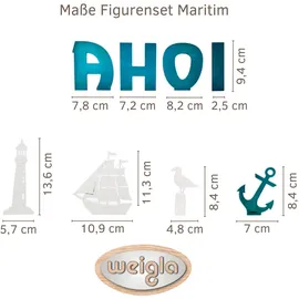 Weigla - Figurenset 8 TLG. original Erzgebirge I Motiv Maritim weiß/blau I Figurenset für Dekosockel I detailreiche Holzkunst I Maritime Deko mit AHOI, Anker, Leuchtturm, Möwe & Segelschiff