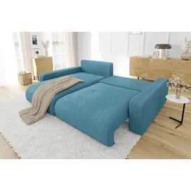 s-style möbel - Ecksofa mit Schlaffunktion und Bettkasten in Cord-Stoff schöner Sitzkomfort, Ottomane links, B/T/H: 234 cm / 2 Jahre Gewährleistung / mind. 14 Tage Rückgaberecht - Blau,Türkis