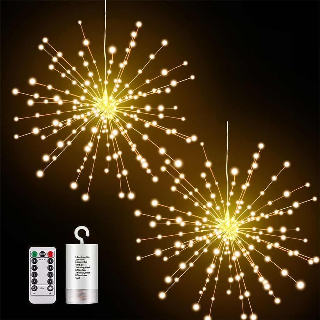 2er Pack 200 LED Starburst Feuerwerks Licht Warmweiß 8 Modi Lichterkette Batteriebetrieben Party Garten Weihnachten Deko