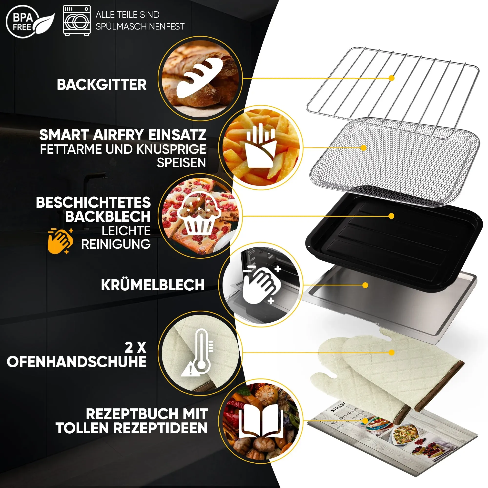 Stillstern Minibackofen mit Umluft (18L) Deutsche Version, Airfryer-Einsatz, Backblech, Ofenhandschuhe, Rezeptheft, Innenbeleuchtung, 1300W, Toaster Grill Pizzaofen Mini Backofen ideal für Camping