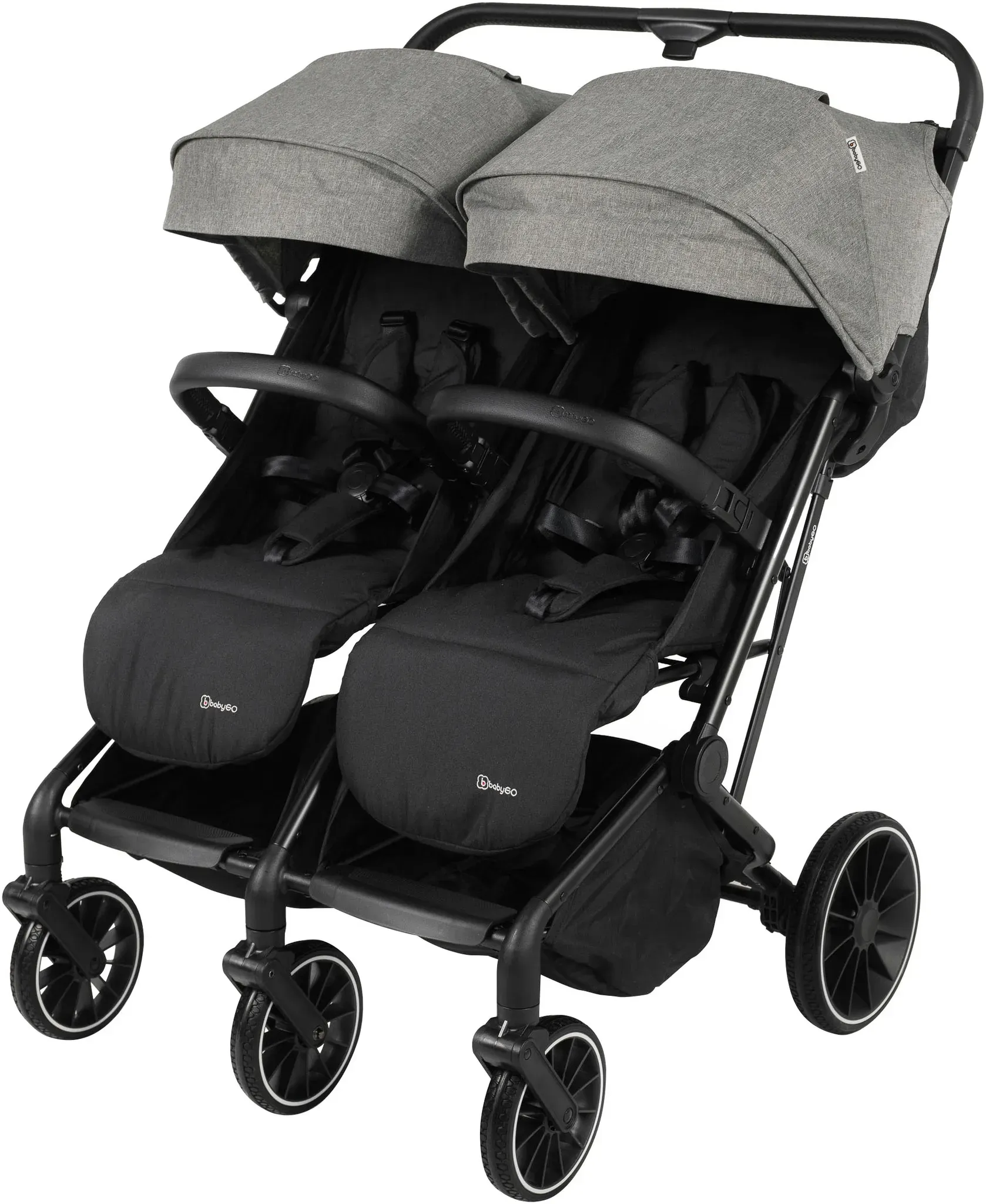 Zwillingsbuggy BABYGO "Zwillingskinderwagen GOTwice", grau (grau melange), Baby, Kinderwagen, mit drei schwenkbaren Vorderrädern