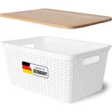 Novaliv Aufbewahrungsbox mit Holzdeckel Groß 14L Korb Weiß in Rattan Design Lebensmittelecht Aufbewahrungskorb Stapelbox Nestbar Kunststoff BPA-frei Kiste Verstaubbox mit Deckel