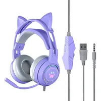 Tadow Kabelgebundenes Gaming-Headset,Gradient Glow Headset,Cat Ear Headset Gaming-Headset (Abnehmbare Katzenohren,Kopfhörer mit beleuchteter Katzenpfote) lila