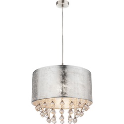 Pendelleuchte Hängelampe Textilschirm Kristalle silber Hängeleuchte Esstischleuchte Stoff, Nickel matt, klar, 1x E27 Fassung, DxH 40x140 cm