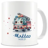 Samunshi® Kindertasse mit Namen Tasse mit Süßes Feuerwehr Auto Personalisierte Tasse mit Namen Kinder Kinderbecher mit Namen für Kindergarten oder Geburtstag weiß 300ml