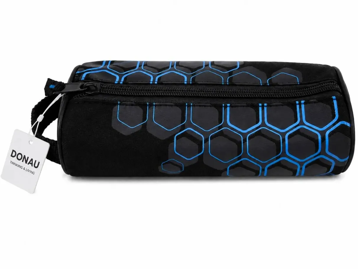 DONAU Federmäppchen ? Schwarz/Blau | Rundes Stifteetui mit Waben-Design