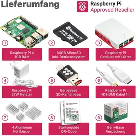 BerryBase Raspberry Pi 4 Starterkit, 64GB microSDHC inkl. Pi OS, Gehäuse, Netzteil, HDMI-Kabel und Zubehör - RAM: 1GB - Farbe: weiß