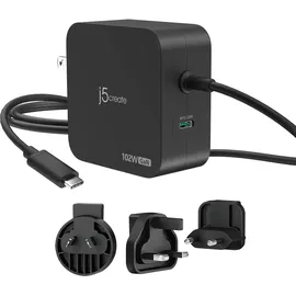 j5create 102-Watt-GaN-PD-USB-C-Reiseladegerät mit 2 Anschlüssen, einschliesslich austauschbaren Netzs (102 W) Schwarz