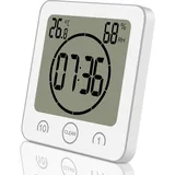 ALEENFOON Digital Badezimmeruhr Duschuhr Wasserdicht mit Saugnapf Thermometer zum Hinstellen Wand Dusche Countdown Timer Digitalwecker Batteriebetrieben Thermometer Hygrometer Innen (Weiß)