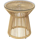 Outsunny Beistelltisch aus pe Rattan runder Couchtisch mit Glastischplatte Tablett Gartentisch, Hohltrommel-Design, Gartenmöbel Kaffeetisch Sofatisch für Terrasse, Balkon, Metall, Beige