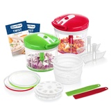 Genius A81612 Nicer Dicer Twist Universalzerkleinerer Set 18-teilig-Gemüseschneider manuell mit Seilzug, Salatschleuder & Sieb-Zwiebelschneider zum Zerkleinern + Pürieren 1000ml, Kunststoff