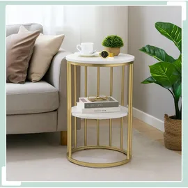 Relaxdays Beistelltisch Marmoroptik, 2 Ablagen, für Wohnzimmer, Metall & MDF, Sofatisch rund, HxD 57x40 cm, weiß/gold