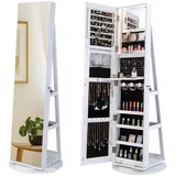 HOMASIS 3 in 1 Schmuckschrank mit Ganzkörperspiegel, 360 ° drehbarer Spiegel mit Schloss, Schmuckaufbewahrung mit LED-Lichtern, Make-up-Organizer mit Ablagen auf der Rückseite (Weiß)