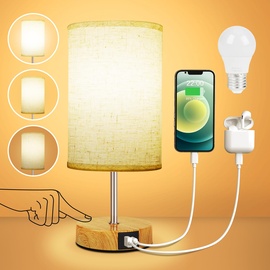 Suright Nachttischlampe Touch Dimmbar mit USB A+C Ladeanschlüssen, Lampenschirm aus Leinenstoff, Holzsockel, Kleine Tischlampe für Schlafzimmer Wohnzimmer