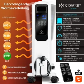 Kesser KESSER® Ölradiator mit WiFi App & Fernbedienung digitalem Display- elektrischer energiesparender Heizkörper mit 10 Rippen, Timer Zeitschaltuhr, 4 Heizstufen, Thermostat, Weiß