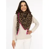 Zwillingsherz Dreieckstuch ZWILLINGSHERZ "Leo Leo", Damen, braun, Plüsch, Polyester, kontrastfarbene Details, mehrfarbig, Modetücher, Leomuster, pinke Kante, Teddyoptik