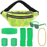 80er Jahre Sport Zubehör Set mit Frauen Herren wasserdichte Tasche, Sonnenbrille, Halskette, Neon Beinwärmer, Stirnband, Armband, 80s 90s Sportbekleidung Zubehör Karneval Fasching Party Kostüm(Grün)