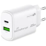 MediaRange 25W GaN Schnellladeadapter (EU-Stecker), 1x USB-C und 1x USB-A, unterstützt USB-C® Power Delivery und Quick ChargeTM, Weiß