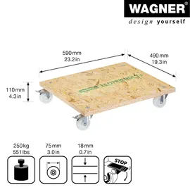 Wagner System GmbH WAGNER Transporthilfe OSB BIG 18 mm - 59 x 49 x 11 cm, Rollen Ø 75 mm, Feststeller, Tragkraft 250 kg - 20135401