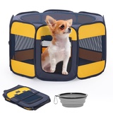 A 4 Pet Welpenauslauf Pop-Up Design, Welpenlaufstall faltbar für Hunde Katzen mit Reisverschluss Oben, für Wohnung, Outdoor, mit Klappbarem Napf,Gelbe,S