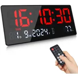 Fuloon Digitale Wanduhr, 15,5" Groß LED Wanduhr Digital, Kalender Wanduhren mit Sekunden,Temperatur, Datum, Woche, Digital Wand Uhr Tischuhr mit Standfuß für Wohnzimmer Küche Büro