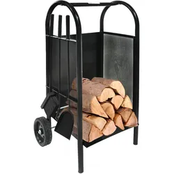 Kaminholzwagen mit Kaminbesteck 3-teilig Schaufel, Besen, Schürhaken, Kaminwagen
