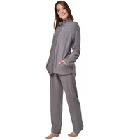 RAIKOU Damen Hausanzug Elegant Volltonfarbe Micro-Fleece Schlafanzug Freizeitanzug Hausanzug mit Reißverschluss (44/46,Grau) - 44-46