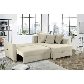 luma-home Cord Ecksofa L-Form Couch Polsterecke Schlaffunktion Bettkasten in Beige Grau / 15201 - Beige