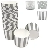 Frau Wundervoll Frau WUNDERVoll® 25 Muffin Backformen, weiß-graue Streifen, Durchmesser 6,1 cm/Muffins Muffinbackform Muffinform Form Backförmchen Cupcake Formen Förmchen Papier Cupcakeformen
