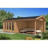 Finntherm - Saunahaus Freiburg-44 iso Gartensauna 3 Sitzbänke aus Holz in Braun, Sauna mit 44 mm Wandstärke Außensauna Imprägniert Braun