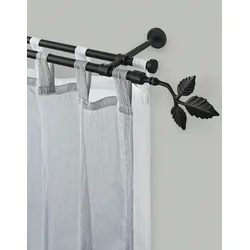 Gardinenstange GARESA "SHEET", schwarz, L:300cm Ø:16mm, Metall, Gardinenstangen, Vorhanggarnitur, verlängerbar, Knopf mit Blätter, ohne Ringe