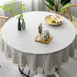 Lsimeru Rund Tischdecke Landhausstil Abwaschbar 130cm Baumwolle Leinen Tischdecken Draussen Gitter Muster Outdoor Tischtuch Elegante Waschbare Tischwäsche Küchentischabdeckung Grau