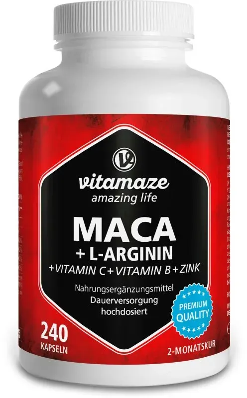 Vitamaze Maca hochdosiert + L-Arginin + Vitamine + Zink zur Unterstützung der psychischen und physischen Belastbarkeit 240 KAP