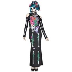 Fun World Kostüm Blühender Tod Skelettkleid, Knöchellanges Kleid mit Knochen- und Blumenprint schwarz S-M