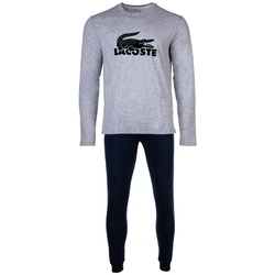 LACOSTE Herren Schlafanzug Set, 2-tlg. - Loungewear, Pyjama, lang, Rundhalsausschnitt, Logo Grau/Dunkelblau 2XL