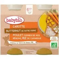 BABYBIO Menu Carotte, Butternut de notre ferme, Poulet fermier nos régions, riz Camargue Aliment 400 g