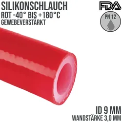 9 x 15 mm Silikon Silicon Schlauch Gewebe rot lebensmittelecht FDA PN 12 bar