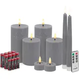 Candela Lights LED Kerzen 8er Set Grau Flammenlos Echtwachs inklusive Fernbedienung & Batterien Dimmbar Flammenfunktion