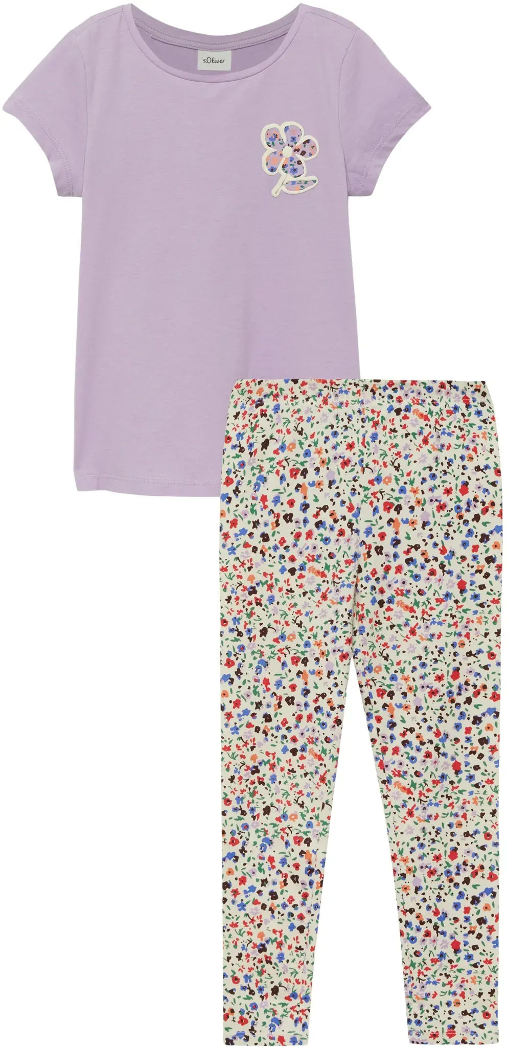 Shirt & Leggings S.OLIVER JUNIOR, Mädchen, Gr. 92/98, bunt (lavender, weiß aop), Jersey, Obermaterial: 95% Baumwolle, 5% Elasthan, bedruckt, unifarben, KOB Set-Artikel, 2er Set, gemusterte Leggings und Sommershirt, für Girls