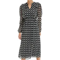Damen A-Linien Chiffon-Kleid mit geometrischem Muster schönes Sommer-Kleid leichtes Midi-Frühlings-Kleid mit V-Ausschnitt 958063 Schwarz/Creme - 32/34