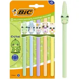 BIC Cristal Pastel Figurines Kugelschreiber mit mittlerer Spitze (1,00 mm) und blauer Tinte – 5 verschiedene Figuren und Schaftfarben, Kartonbox à 5