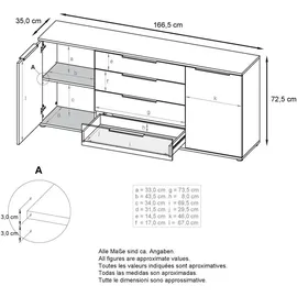 Vladon Sideboard 166,5 x 72,5 x 35 cm Weiß matt / Grau Hochglanz