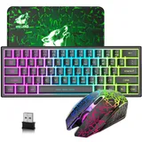 2.4GHz Tastatur Maus Gaming Set Kabellos Beleuchtet, 61 Tasten Regenbogen 3800mAh Wederaufladbare Mechanische Feel Tastatur, 2400 DPI Regenbogenlicht-LED 6 Tasten Maus, Kompatibel PC-Schwarz