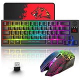 2.4GHz Tastatur Maus Set Kabellos Beleuchtet RGB LED 64 Tasten 60% Wireless Gaming Tastaturen 4000mAh Kabellose Gaming Maus mit 2400 DPI Kabellose und Mauspad kompatibel ps4/ps5/xbox/pc - Schwarz