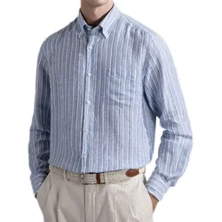 PAUL & SHARK Herren Leinen-Hemd leichtes Sommer-Hemd gestreiftes Alltags-Hemd 24413088 VA4 Blau/Weiß - 42