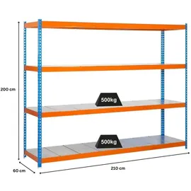 Proregal Schwerlastregal Metal Beast Four HxBxT 200x210x60cm | Fachlast 500kg | Blau-Orange Standregal Metallregal Lagerregal