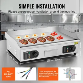 Vevor Kommerzieller elektrischer Grill, 4000 W, flache Grillplatte für die Arbeitsplatte, einstellbare Temperatur von 122 °f bis 572 °f, 25,98 x