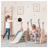 XDeer Indoor-Rutsche Rutsche für Kinder, rose 4 In 1 Kinderrutsche Schaukel mit, Basketballständer, Kletterleiter, Schaukel Rutsche für InOutdoor rosa